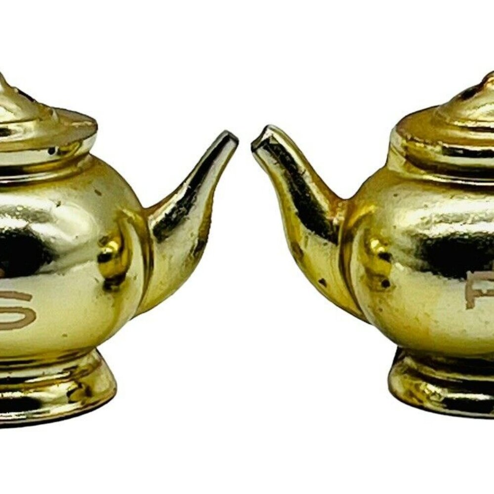 Vintage Tea‎ Pot Belly Stove Salt Pepper Shakers Gold Tone Metal